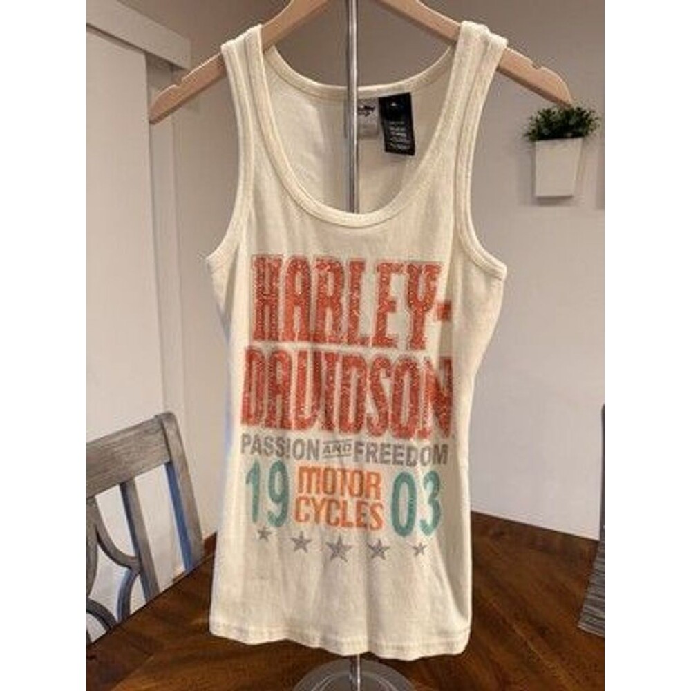 Harley Davidson Womens XL Tank Top Rhinestone Graphic 1903 Made USA White